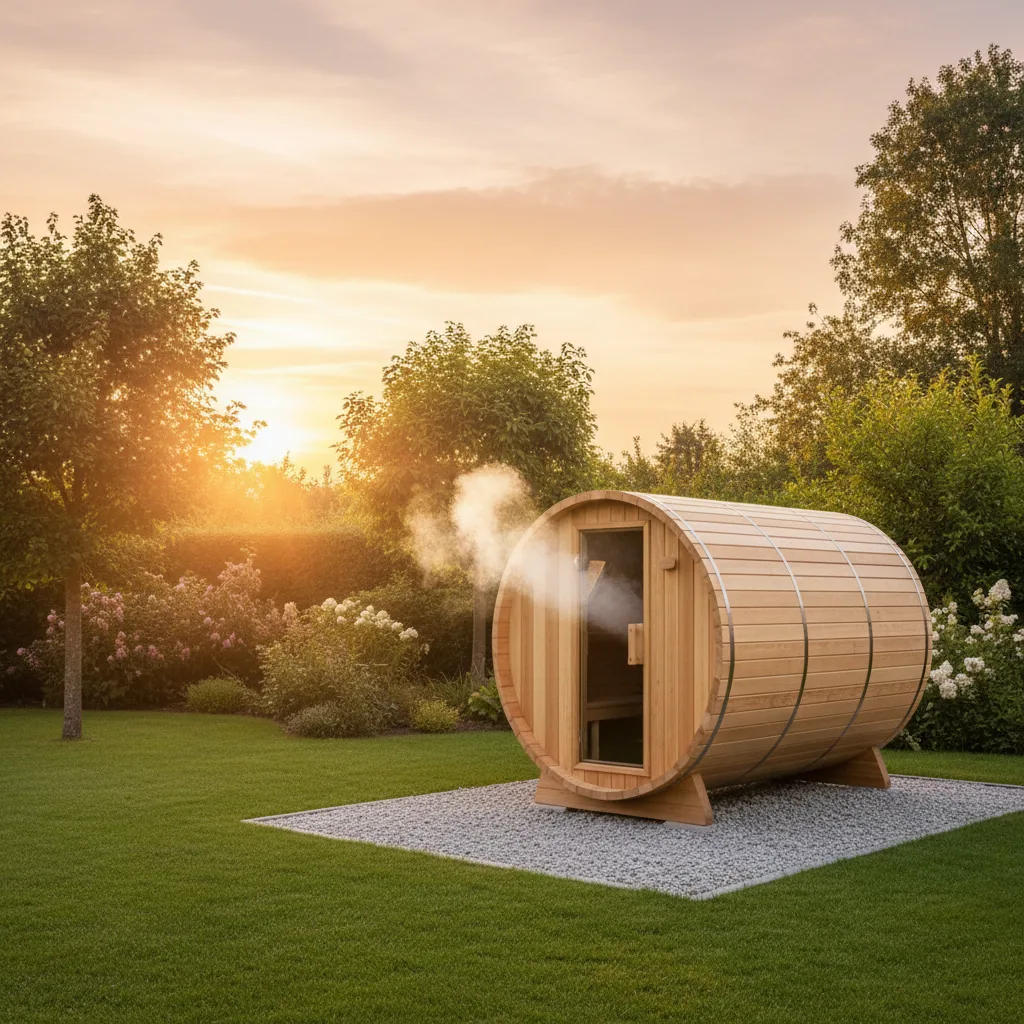 Fasssauna im Garten bei Sonnenuntergang